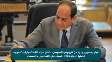 قرار جمهوري جديد من الرئيس السيسي بشأن حركة تنقلات وترقيات هيئة قضايا الدولة 2025.. تعرف على التفاصيل والأسماء